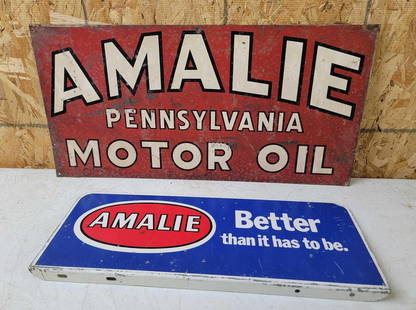 2-Amalie Motor Oil Metal Signs: rated 5 &amp; 7.5, 10&#34;x20&#34; or less in size, large sign has heavy wear and rust spots, rack sign has good color has wear. This lot can be picked up in Tidioute, PA on September 18 - 22 or this