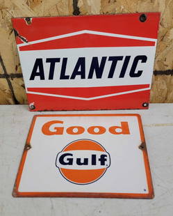 Atlantic & Gulf Porcelain Pump Signs: rated 7, both have chips and scratches. This lot can be picked up in Tidioute, PA on September 18 - 22 or this lot can be taken back to our facility to be shipped.
