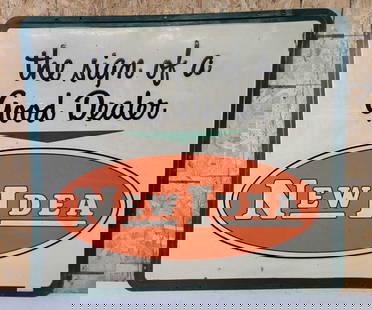 New Idea "the sign of a Good Dealer" Metal SIgn: rated 7.5, 48&#34;x54&#34;, the SST embossed sign has good color, has small paint chips and soiling in the field, the green perimeter has been repainted, marked A-M, dated 1964. This Lot must be picke