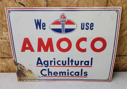 We Use Amoco Agricultural Chemicals Metal Sign: rated 7, 12&#34;x16&#34;, the SST embossed sign has good color and shine, has large area of rust in the lower left-hand corner. This lot can be picked up in Tidioute, PA on September 18 - 22 or this l