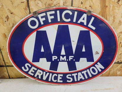 AAA P.M.F. Official Service Station Porcelain Sign: rated 7, 16.5&#34;x22.5&#34;, the DSP oval sign has good color and gloss, has chips and scratches. This lot can be picked up in Tidioute, PA on September 18 - 22 or this lot can be taken back to our f