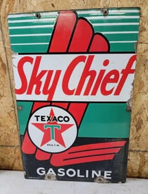Texaco (white-T) Sky Chief Gasoline Porcelain Pump Sign