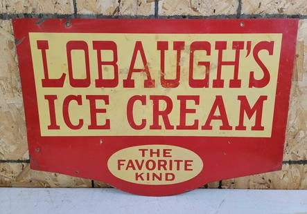 Lobaugh's Ice Cream Metal Sign: rated 7.5, 19.5&#34;x28&#34;, the DST sign has good color and shine, has light wera and fine scratches, has cease at right-hand edge. This lot can be picked up in Tidioute, PA on September 18 - 22 or