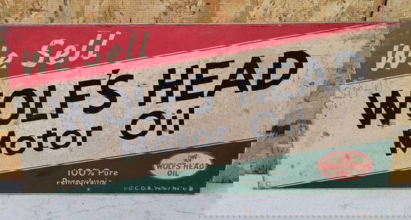 We Sell Wolf's Head Motor Oil Metal Sign (TAC): rated 7, 9.5&#34;x21&#34;, the SST rack sign has wear and soiling. This lot can be picked up in Tidioute, PA on September 18 - 22 or this lot can be taken back to our facility to be shipped.