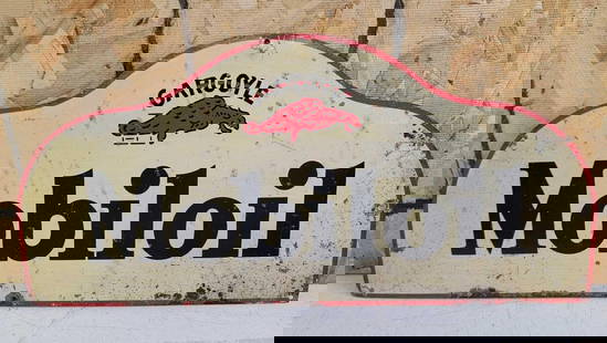 Mobiloil w/Gargoyle Metal Oil Can Rack Sign: rated 6.75 &amp; 5, 11&#34;x24&#34;, the DST diecut sign, display has wear and scratches, reverse has heavy damage. This lot can be picked up in Tidioute, PA on September 18 - 22 or this lot can be ta