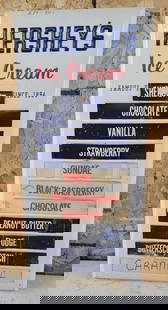 Hershey's Ice Cream Metal Menu Board Sign (TAC): rated 7.75, 26.5&#34;x11.5&#34;, the SST embossed sign has good color and shine has wear. This lot can be picked up in Tidioute, PA on September 18 - 22 or this lot can be taken back to our facility t