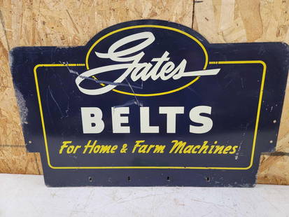 Gates Belts Metal Rack Sign: rated 7.5, 16&#34;x24&#34;, the DST diecut sign has wear and scratches, has ink on one side. This lot can be picked up in Tidioute, PA on September 18 - 22 or this lot can be taken back to our facilit