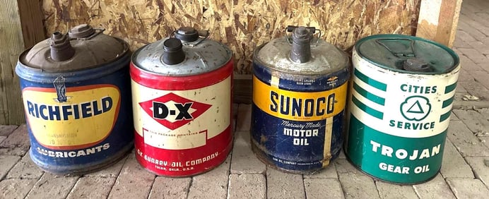 4-FIve Gallon Round Metal Motor Oil Cans