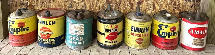 7 Five Gallon Round Metal Motor Oil Cans