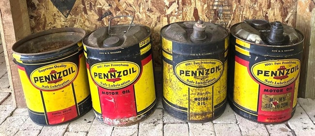 4-Pennzoil Five Gallon Round Metal Motor Oil Cans