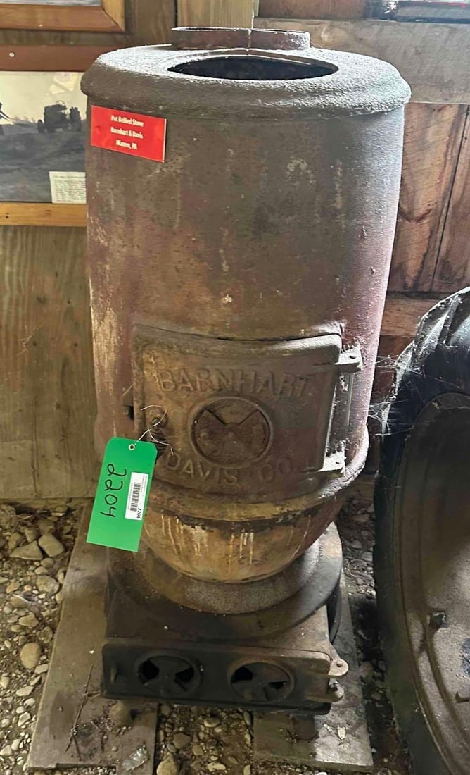 Barnhart & Davis Pot Bellied Stove: good shape. This Lot must be picked up in Tidioute, PA on September 18 - 22.