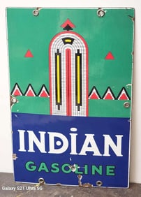 Indian Gasoline w/Logo Porcelain Pump Sign (small) (TAC)