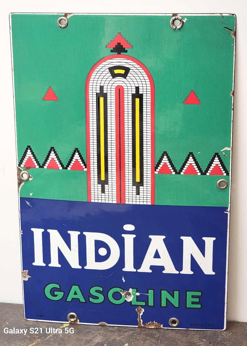 Indian Gasoline w/Logo Porcelain Pump Sign (small) (TAC) (1 of 3)