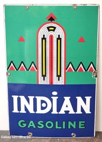 Indian Gasoline w/Logo Porcelain Pump Sign (TAC)