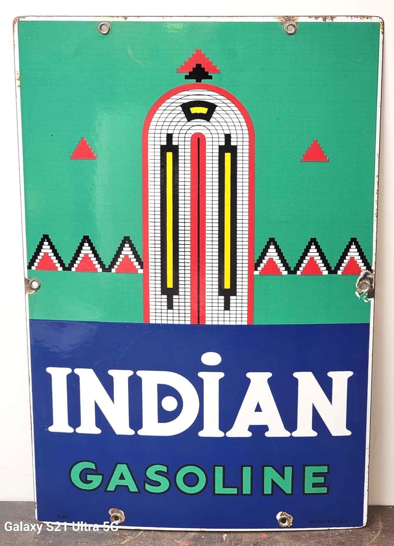 Indian Gasoline w/Logo Porcelain Pump Sign (TAC) (1 of 4)