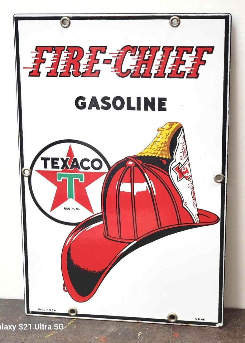 Texaco (white-T) Fire Chief Gasoline Porcelain Pump Sign (small) (TAC) (1 of 2)