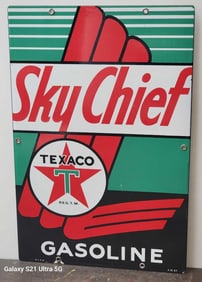 Texaco (white-T) Sky Chief Gasoline Porcelain Pump Sign (TAC)