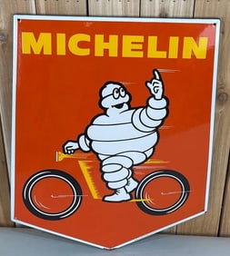 Michelin w/Bibendum riding a Motorcycle Porcelain Sign (TAC)