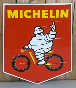 (Small) Michelin w/Bibendum riding a Motorcycle Porcelain Sign (TAC)