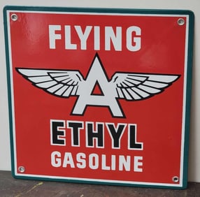 Flying A Ethyl Gasoline Porcelain Pump Sign (turquoise border) (TAC)