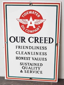 Tidewater Oil Company "Our Creed" w/Flying A Logo Porcelain Sign (TAC)