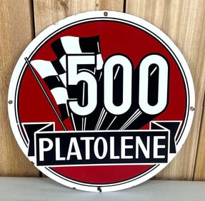 Platolene 500 w/Crossed Race Flags Logo Porcelain Pump Sign (TAC)