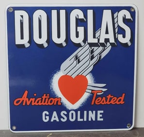 Douglas Aviation Tested Gasoline w/Logo Porcelain Pump Sign (TAC)