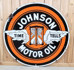Johnson "Time Tells" Motor Oil/Ethyl Gasolene Porcelain Sign (48) (TAC)