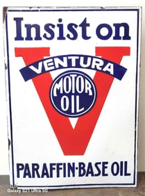 Rare Insist On Ventura Motor Oil Porcelain Flange Sign (TAC)