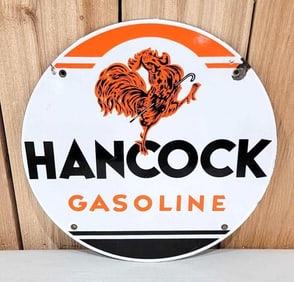 Hancock Gasoline w/Early Rooster Logo Porcelain Pump Sign (TAC)