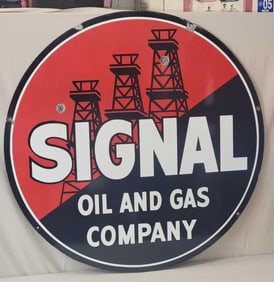 Signal Oil and Gas Company w/3-Derrick Logo Porcelain Sign (48")(TAC)