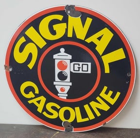 Signal Gasoline w/Red Stoplight Logo Porcelain Pump Sign (TAC)
