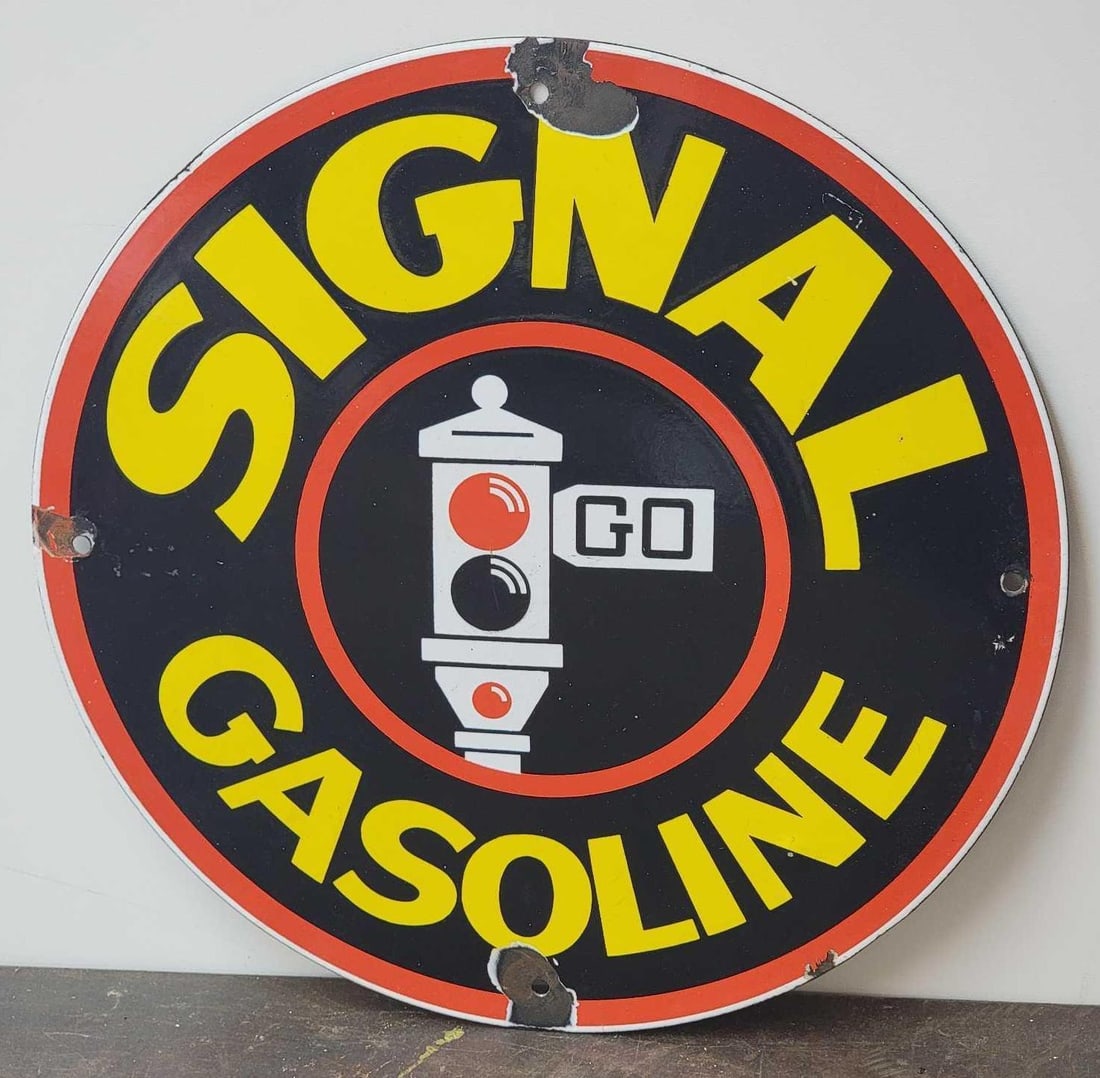 Signal Gasoline w/Red Stoplight Logo Porcelain Pump Sign (TAC) (1 of 5)