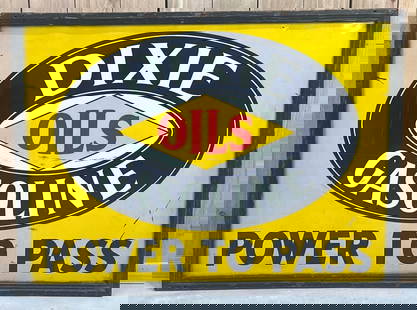 Dixie Oil Gasoline Power to Pass Metal Sign (TAC): rated 8, 36"x48", the SST wood framed sign has good color and shine, has scratches in the center of the field, marked Reliance. Rarity 6. TAC #059813