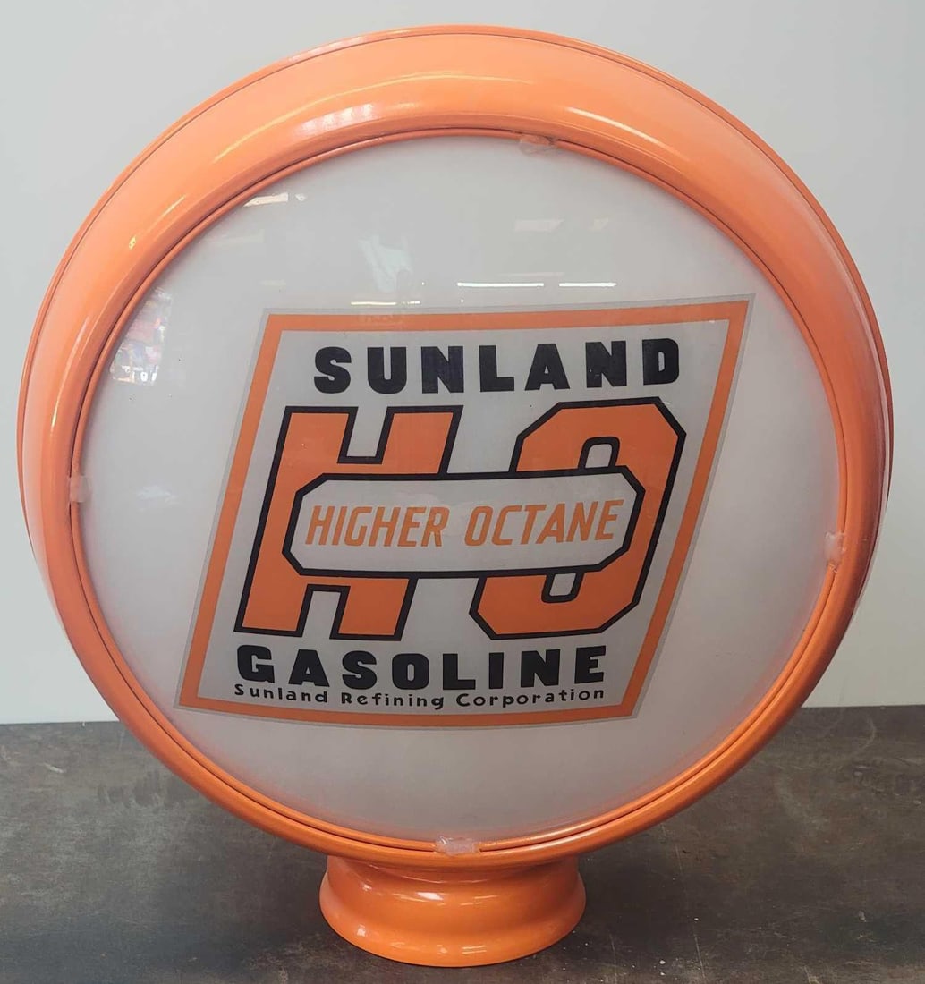 Sunland HO High Octane Gasoline 15"D.. Globe Lenses (TAC): rated 9.5, the 15"D., both have excellent color and condition, mounted in a new metal globe body, rated 5, has dabs of silicon. TAC #025189