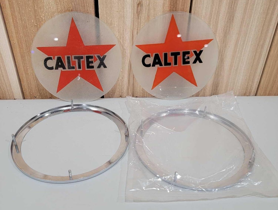 2-Original Caltex Glass Pump Ad Glass w/Chrome Holders: rated 9, 5.5"D., both in very good condition.