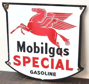Mobilgas Special Gasoline w/Drop Leg Logo Porcelain Pump Sign (TAC)