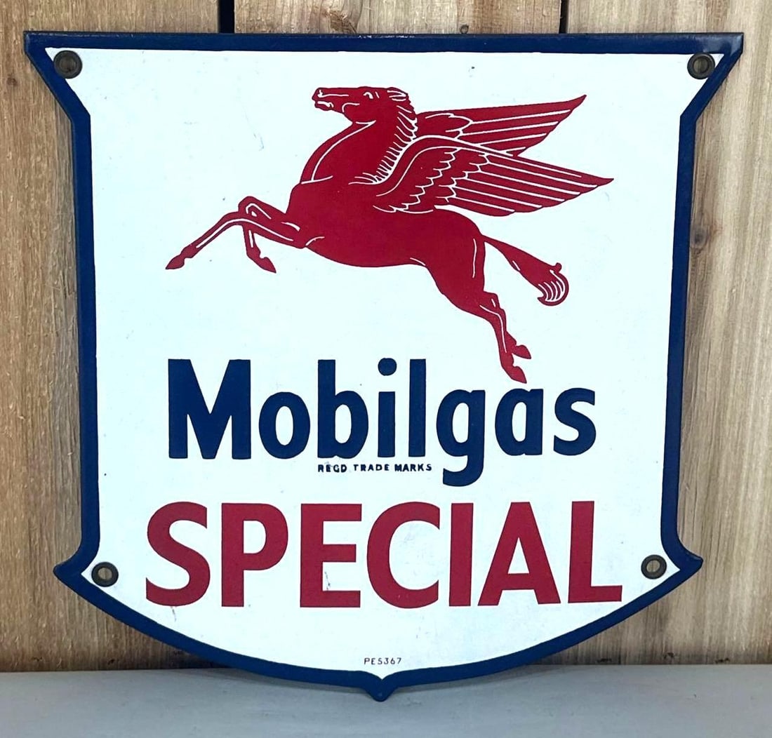 Mobilgas Special w/Pegasus Porcelain Pump Sign (TAC): rated 9.75, 12"x12", the SSP shield-shaped sign has excellent color and gloss, nice, marked PE5367, is an English sign. Rarity 7. TAC #059819
