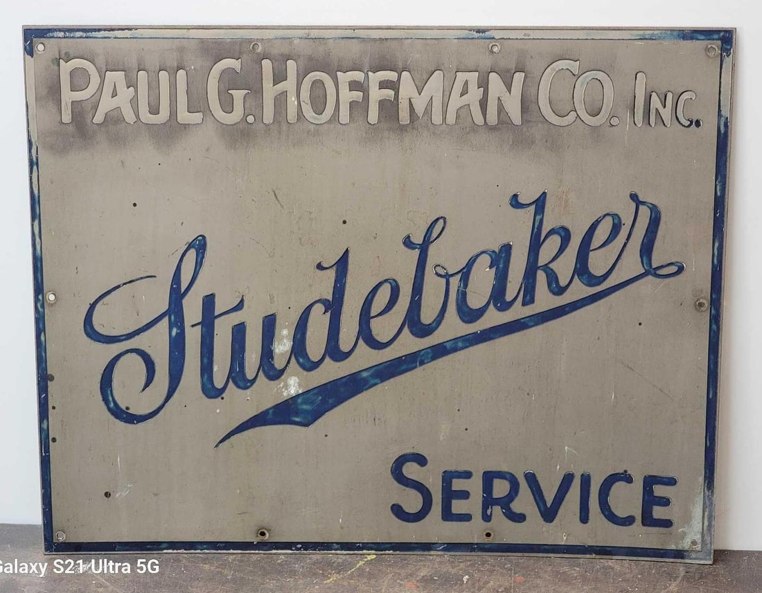 Studebaker Service "Paul Hoffman Co." Engraved Brass Sign (TAC): rated 7.5, 14'x18", the the single-sided engraved brass sign has wear and soiling, rarity 8. TAC #030876