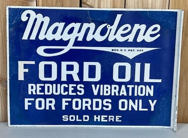 Magnolene Ford Oil "For Fords Only" Sold Here Porcelain Flange Sign (TAC)