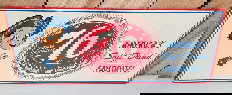 Drink Ice Cold 76 "America's Soft Drink Favorite" Metal Sign (TAC): rated 8.9, 9.25"x23.5", the SST embossed sign has excellent color and shine, field is clean, has wear in the corners. Rarity 3. TAC #059886