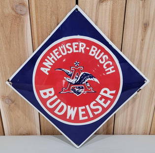 Anheuser-Busch Budweiser w/Logo Porcelain Sign (TAC): rated 9, 18"x18", the SSP pillow sign has excellent color and gloss, field is clean, has tiny chips at one mounting hole and around the perimeter. Rarity 5. TAC #059806