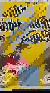 Old Reliable Coffee w/Logo Porcelain Lighthouse Sign (TAC): rated 7.5, 60"x27.5", the SSP sign has good color and gloss, has large chips in the field and around the perimeter, has a couple nail holes in the lower field. Rarity 6. TAC #059807