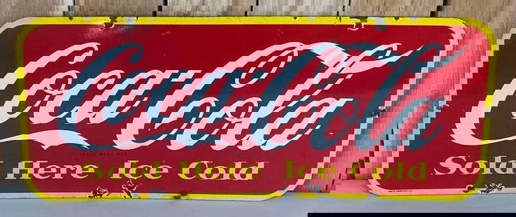 Coca-Cold Sold Here Ice Cold Porcelain Sign (TAC): rated 8.25, 12.25"x29.25", the SSP sign has good color and gloss, has wear, fine scratches and chips around the perimeter, marked P & M. Rarity 2. TAC #059845