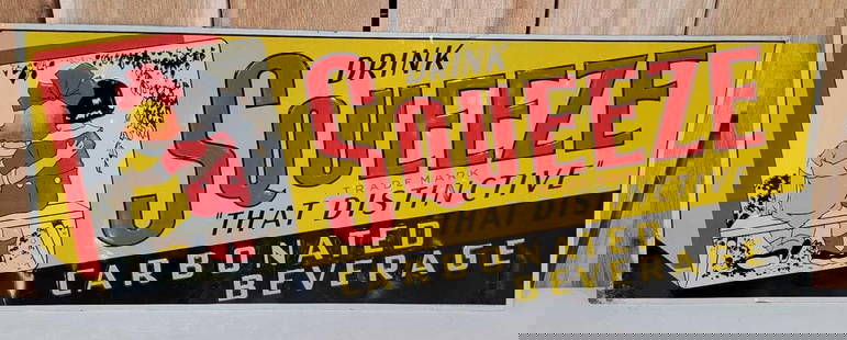 Drink Squeeze Carbonated Beverage w/Logo Metal Tacker Sign (TAC): rated 9, 10"x28", the SST embossed tacker sign has very good color and shine, has very light paper marks, has rust at the lower left-hand corner, marked J.V. Reed. Rarity 3. TAC #059902