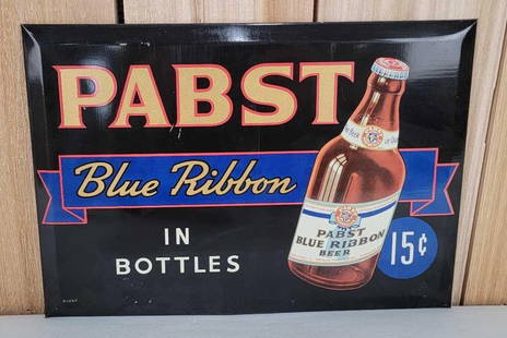 Pabst Blue Ribbon in Bottles w/Image Metal Sign (TAC): rated 8.9, 9.25"x13.25", the SST cardboard backed sign has very good color and shine, has light wear, marked Beach on back. Rarity 6. TAC #059916