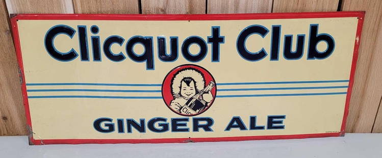 Clicquot Club Ginger Ale w/Logo Metal Sign: rated 8.5, 12"x30", the SST embossed sign, has wear around the peimeter.