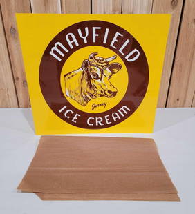 Mayfield Ice Cream Metal Flange Sign: rated 9.75, 18"x20", the metal flange sign has good color and shine.