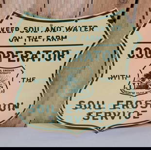 US Depart. of Interior Soil Erosion Service Porcelain Sign (TAC): rated 8.5, 19.5"x19", the SSP shield-shaped sign has excellent color and gloss, field is clean, has two extra holes drilled in the upper field and one in the lower field. Rarity 4. TAC #060007