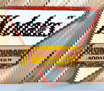 Kodak's Verichrome Porcelain Sign (TAC): rated 7.25, 24"x28", the DSP diecut sign has good color and gloss, has wear, small chips & fine scratches. Rarity 4. TAC #059782